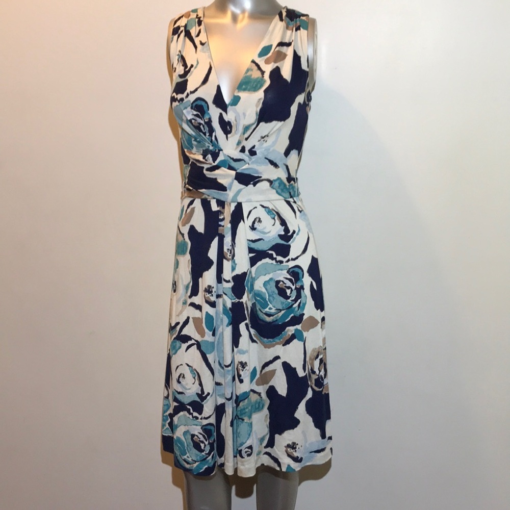 Banana Republic Slinky Tie Dress Abstract Blue Floral Faux Wrap XS